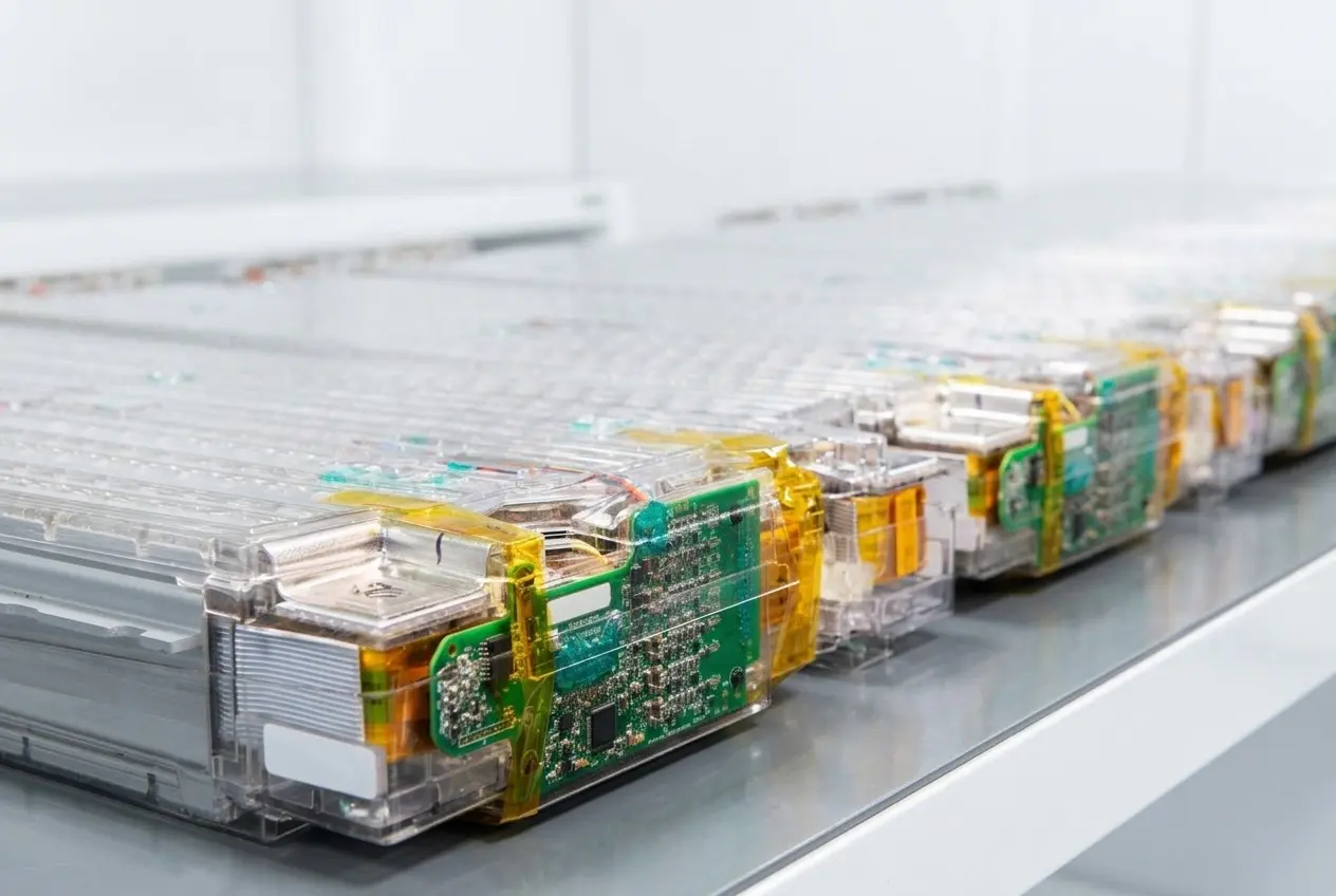 Batterimoduler med overvåkingskort på rad på arbeidsbenken vår