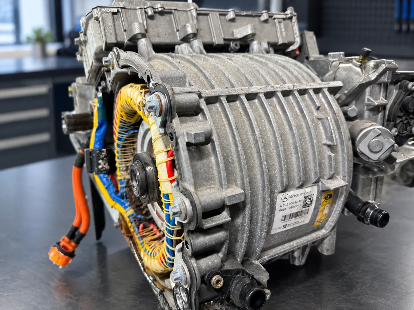 A drive unit opened on the bench