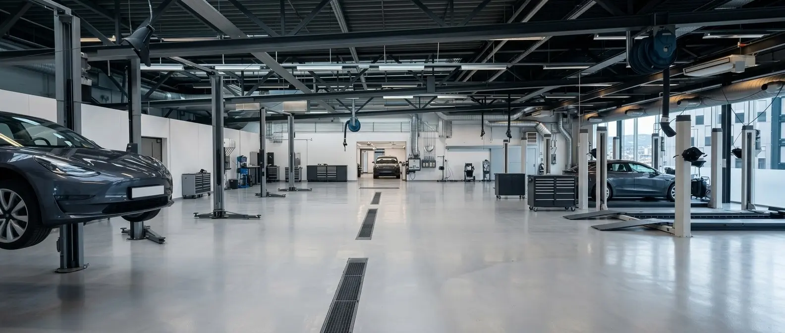 The EV Expert workshop hall with cars on lifts