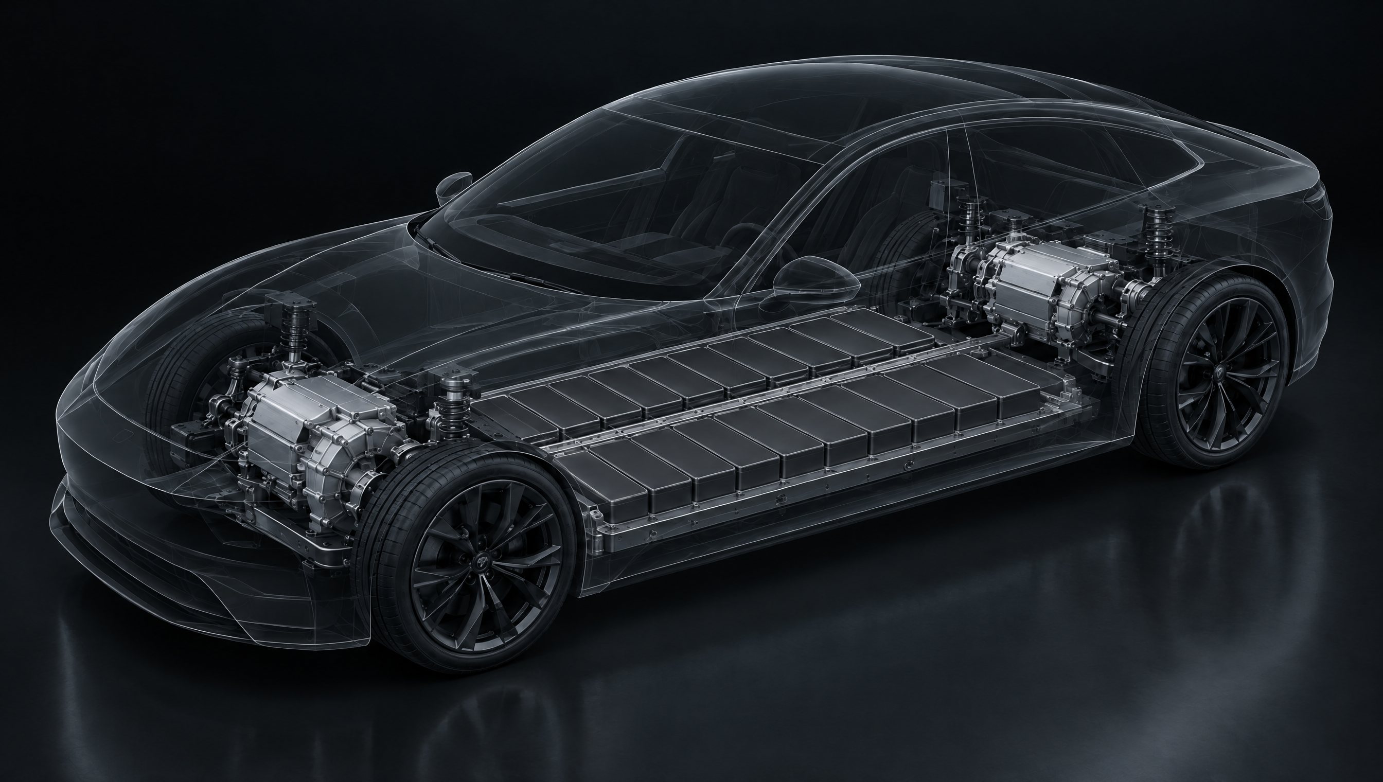 Illustration: a translucent electric car with the battery modules visible in the floor