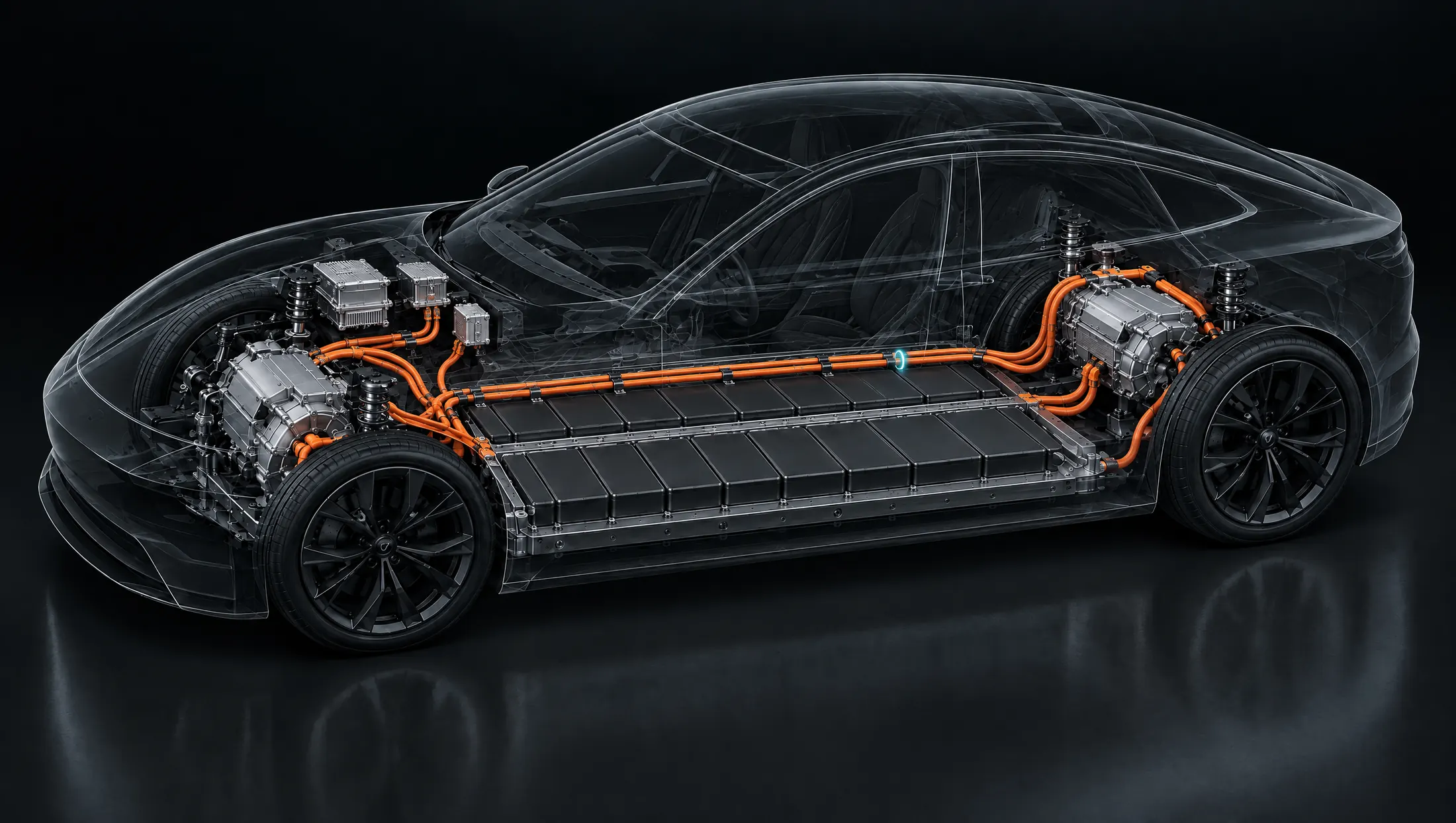 Illustrasjon: en gjennomsiktig elbil som viser høyvoltskablene fra batteriet til drivenhetene, laderen og DC‑DC-omformeren